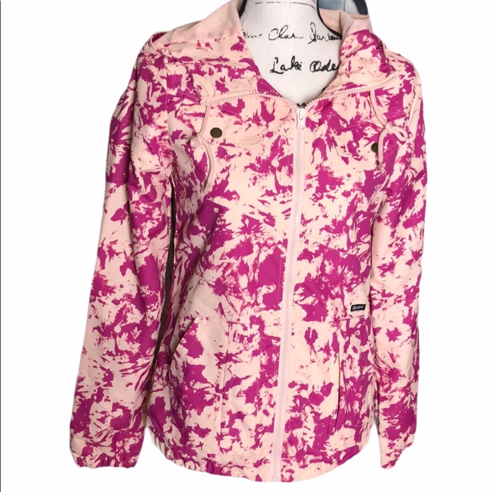 Volcom Hooded Zip Jacket Women’s Pink White Abstract Print Size XS